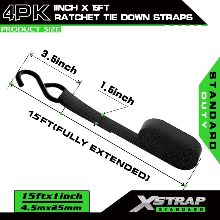 XSTRAP STANDARD أحزمة ربط XSTRAP STANDARD - 4 حزمة - 1'' x 15 قدم - سعة تحميل 630 رطل، قوة كسر 1890 رطل، أحزمة شحن لنقل البضائع، الأجهزة، معدات الحديقة، الدراجات النارية (أسود) - Image 3